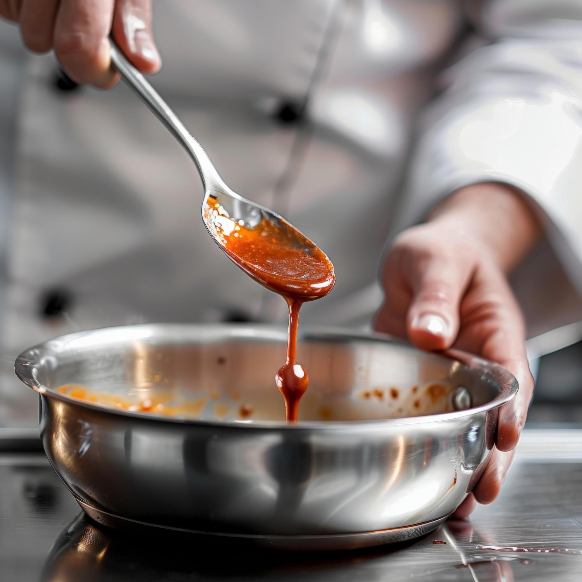 chef pregătind sos într-o bucătărie luminoasă